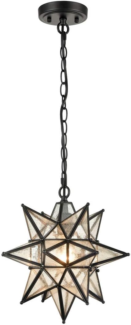 DIRYZON EUL 13 Inch Industrial Moravian Star Pendant Light with Seeded Glass Shade Hanging Chain
