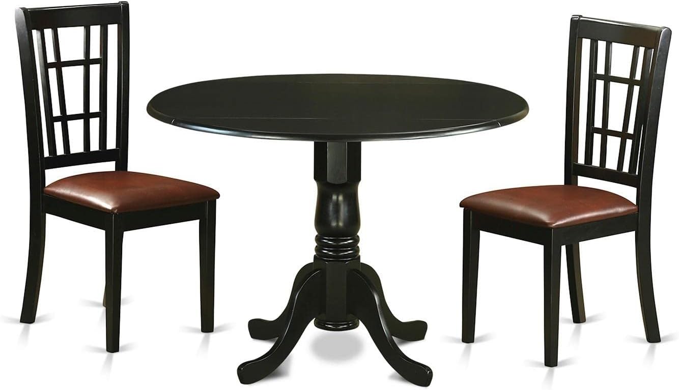 East West Furniture DLNI3-BLK-LC 3 Piece Dining Table Set for Small Spaces Contains a Round Dining Room Table with Dropleaf and 2 Faux Leather Upholstered Chairs, 42x42 Inch, Black