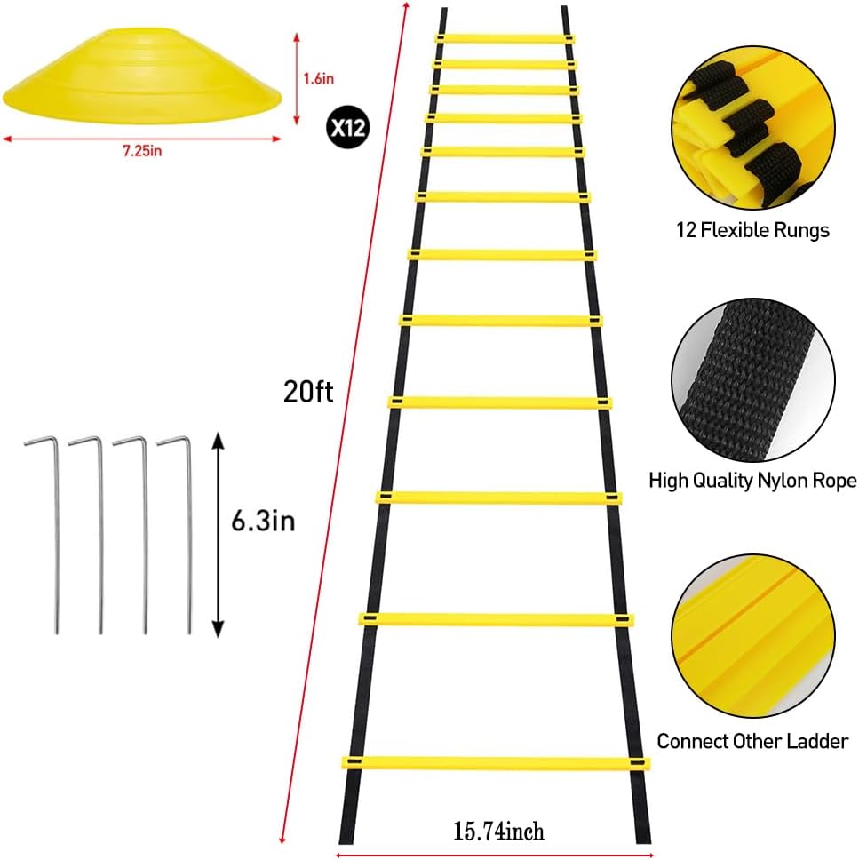 Professional Agility Ladder Speed Training Equipment Set-20ft Agility Ladder,12 Soccer Cones, 4 Agility Hurdles, Running Parachute, Suitable for Soccer Football Basketball Training