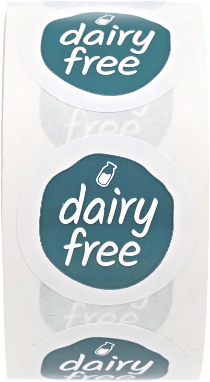 Blue Dairy Free Stickers / 500 Small 1" White Gloss Circle Labels/Chic Teal Lactose Free Food Safety Seals with Modern Aesthetic/Made in The USA