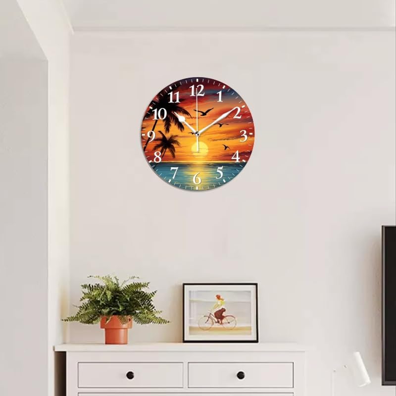 Sunset Wall Clock Non-Ticking Silent Clocks Battery Operated Analog Decor Clock for Home-Beautiful Sunset Over The Ocean with Palm Trees and Birds Flying in The Sky(16inch)