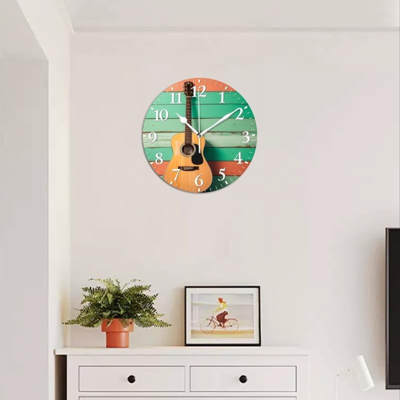 Guitar Wall Clock Non-Ticking Silent Clocks Battery Operated Analog Decor Clock for Home-Acoustic Guitar Leaning Against Wooden Wall(14inch)