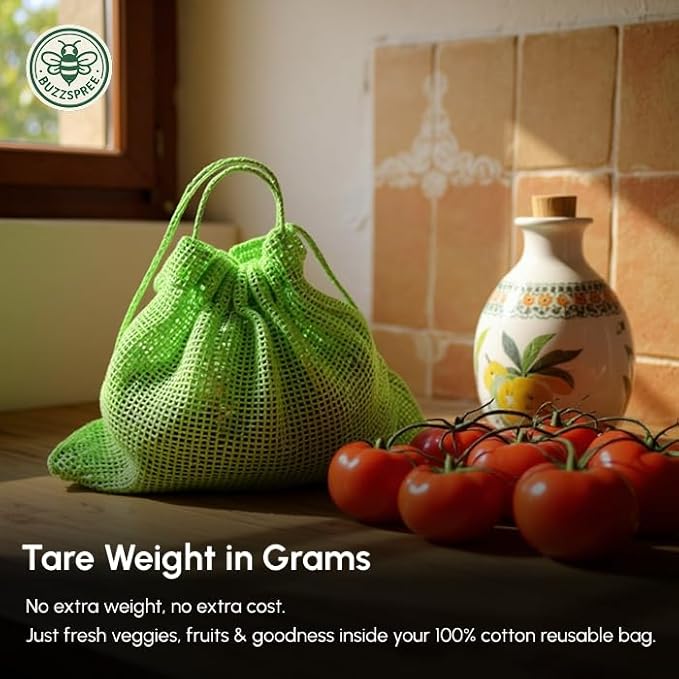 Buzzspree Eco-Friendly Cotton Mesh Produce Bags – Reusable, Washable & Sustainable Drawstring Net Bags for Fruits, Vegetables, Grocery Shopping & Kitchen Storage Organizer