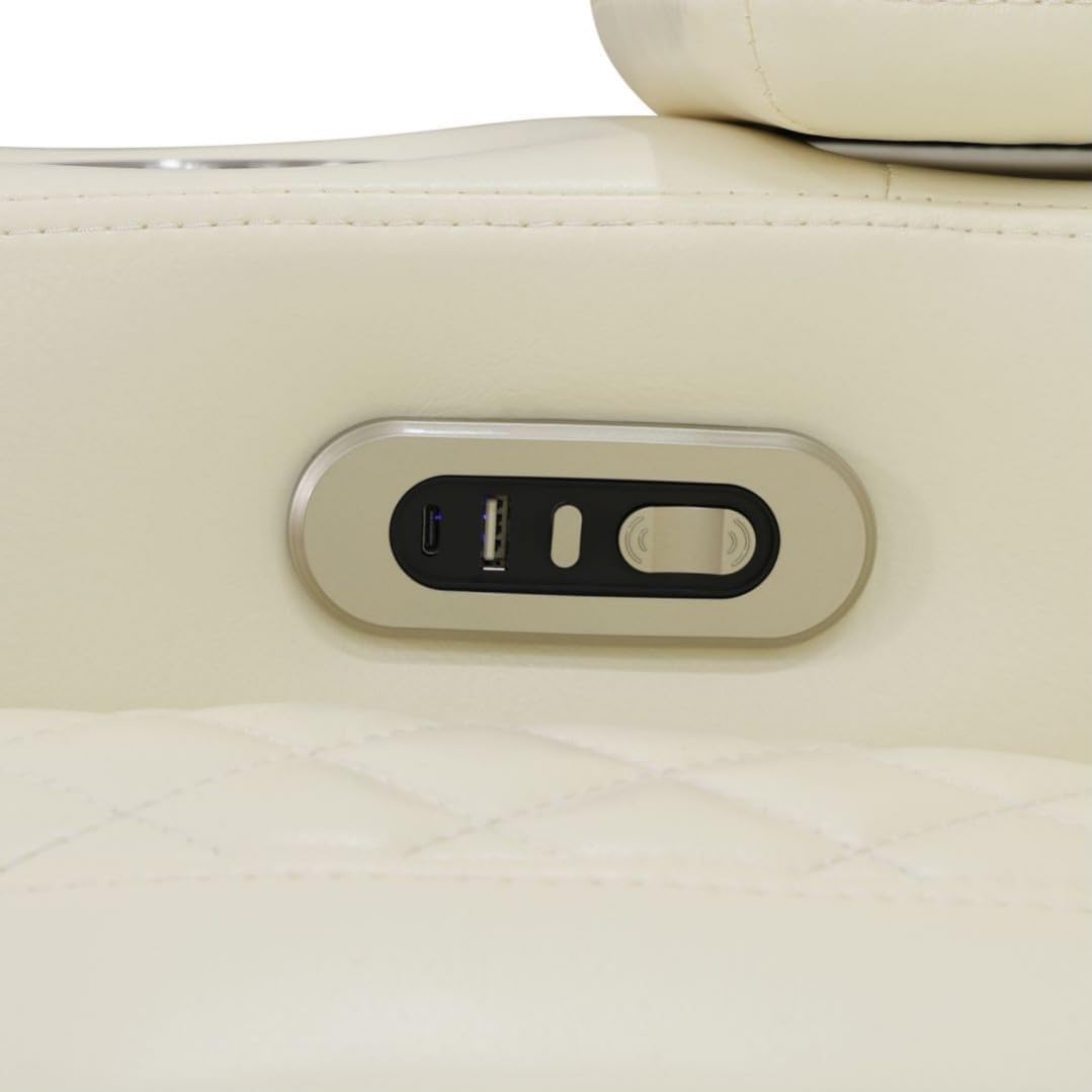 Electric Power Recliner Sofa Living Room Furniture, Comfy Home Theater Breathing Leather Seating with USB 2.0 Charging Ports, LED Light Strips, Fold-Down Table & Wireless Charging Device (White-2)