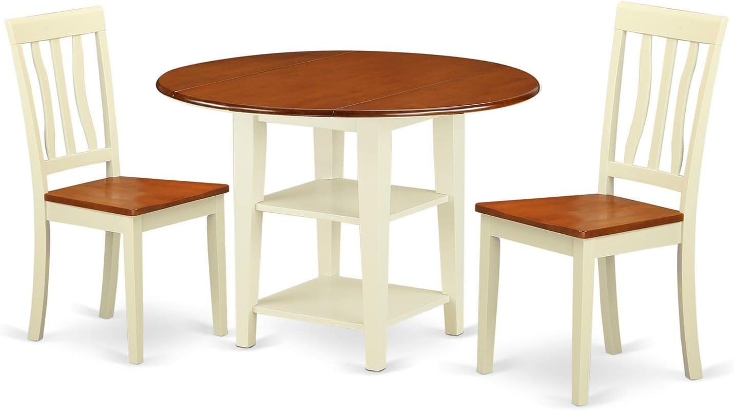 East West Furniture SUAN3-BMK-W 3 Piece Dining Room Table Set Contains a Round Dining Table with Dropleaf & Shelves and 2 Wood Seat Chairs, 42x42 Inch, Buttermilk & Cherry