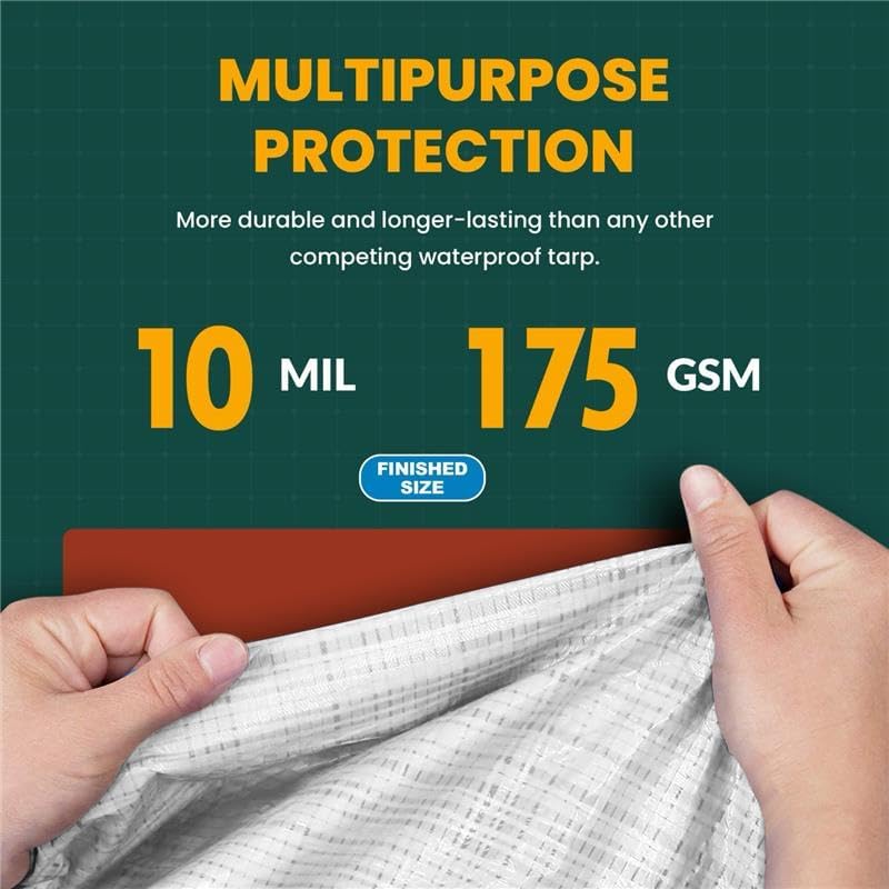 Large Waterproof Tarp - Heavy Duty 10 Mil Thick Poly Tarpaulin Ideal for Canopy Tents, Boats, RV or Pool Covers - Multipurpose Protective Tarps with Grommets for Indoor and Outdoor Use | 12' x 16'