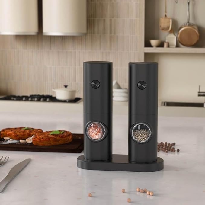 Generic Electric Salt and Pepper Grinder Set - Automatic Salt Pepper Mill Grinder with Adjustable Coarseness- Rechargeable Spice Shakers for Kitchen (Set of 2), Standard Size, Black, KYMQ-14