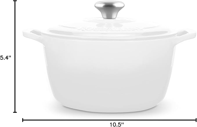 Signature Enameled Cast Iron Dutch Oven, Non-Stick Serving Pot with Tight Fitting Lid for Perfect Roasting, Baking, Sauteing, and Bread Making | 7.4Q (7L) - White