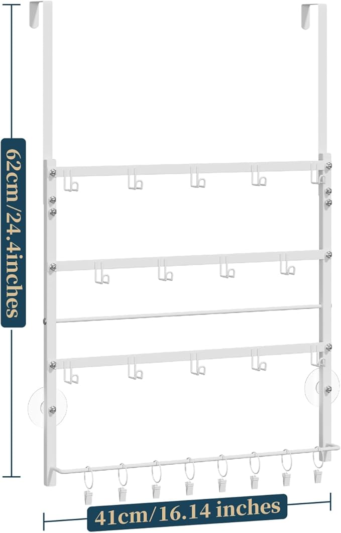 Consumest Over The Door Organizer - 4 Tier Door Hanger Hooks for Hanging Clothing, 24 Inches Long Coat Hanger for Bedroom, Bathroom, Laundry or Dorm Room, White