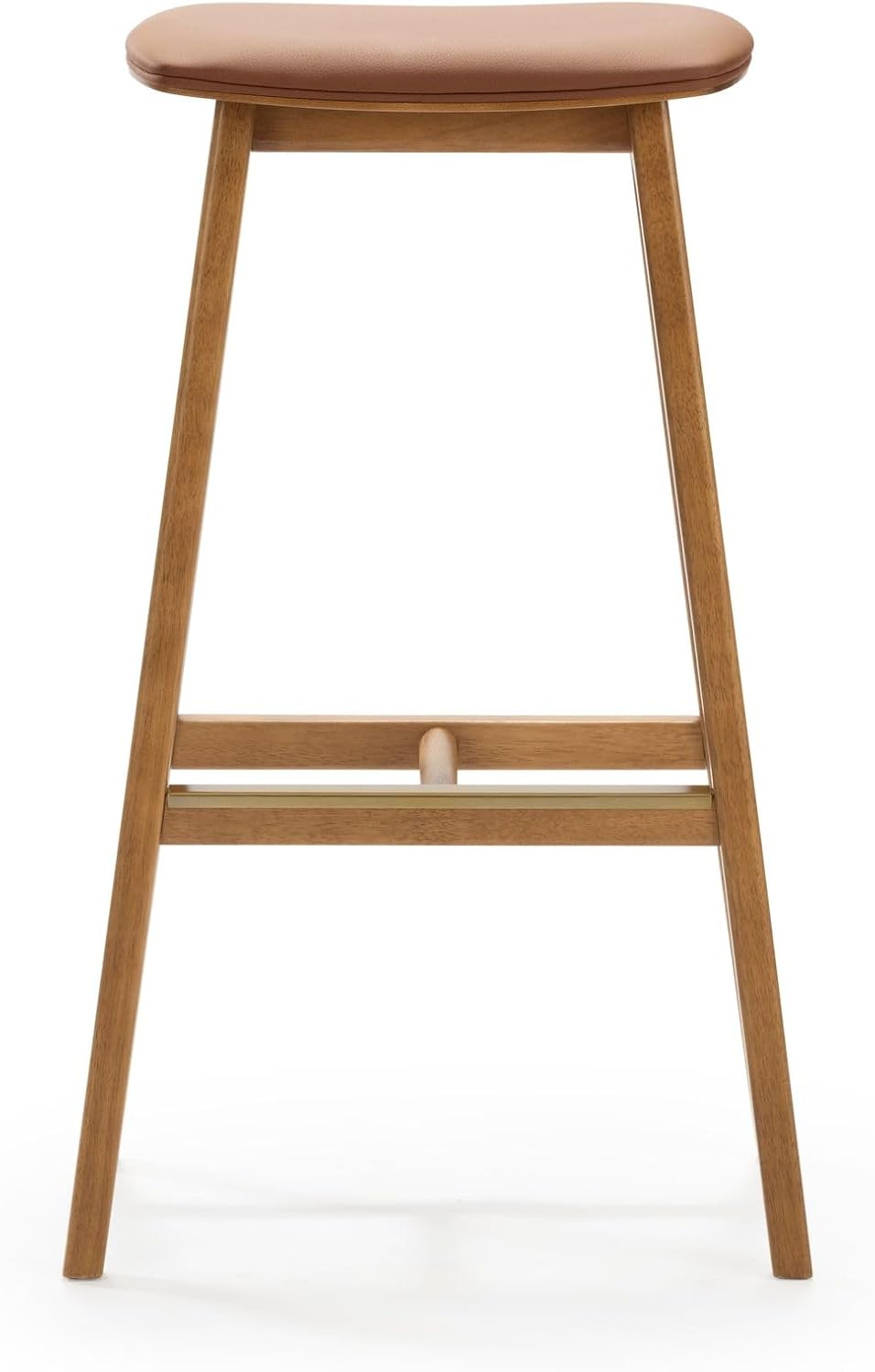Plank+Beam Beryl Bar Height Stool - Mid-Century Modern Rubberwood Bar Stool with Faux Leather Seat, Metal Footrest, Easy Assembly, 4-Pack, Pecan/Toffee