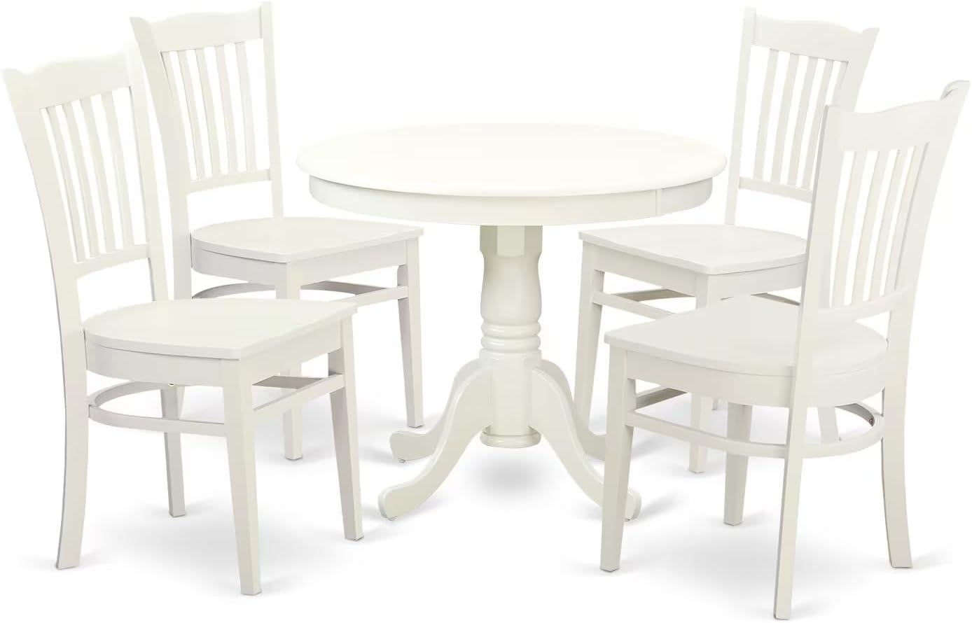 East West Furniture ANGR5-LWH-W 5 Piece Dining Table Set for 4 Includes a Round Kitchen Table with Pedestal and 4 Dining Room Chairs, 36x36 Inch, Linen White