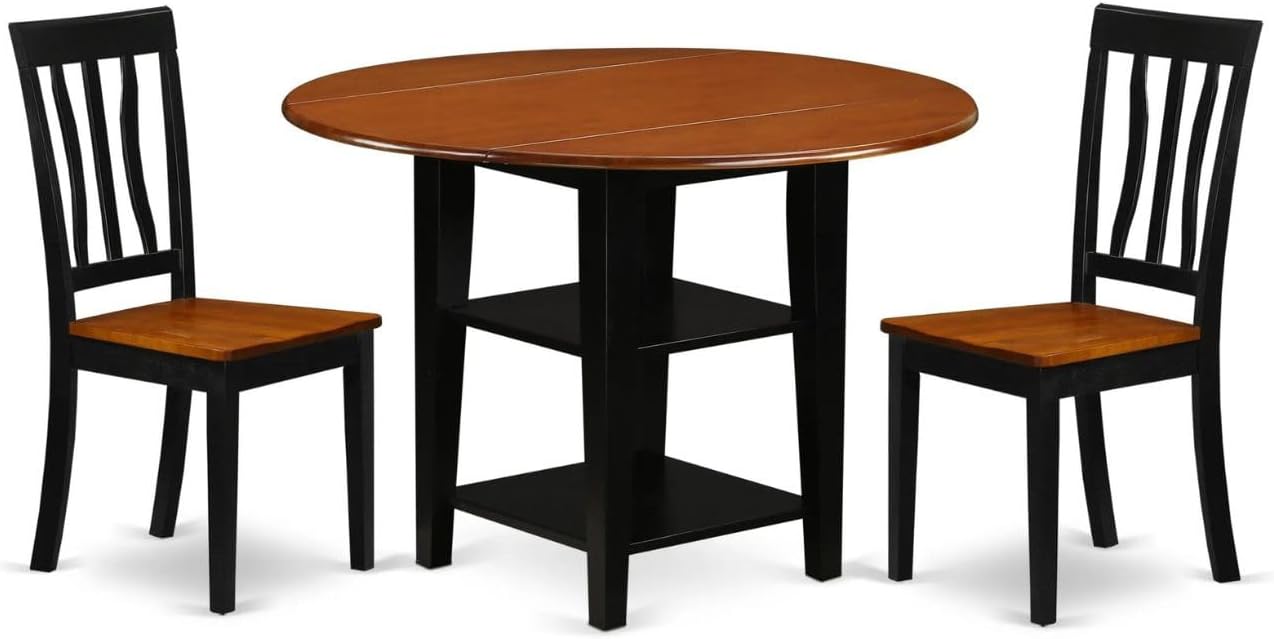 East West Furniture SUAN3-BCH-W 3 Piece Dining Room Table Set Contains a Round Dining Table with Dropleaf & Shelves and 2 Wood Seat Chairs, 42x42 Inch, Black & Cherry