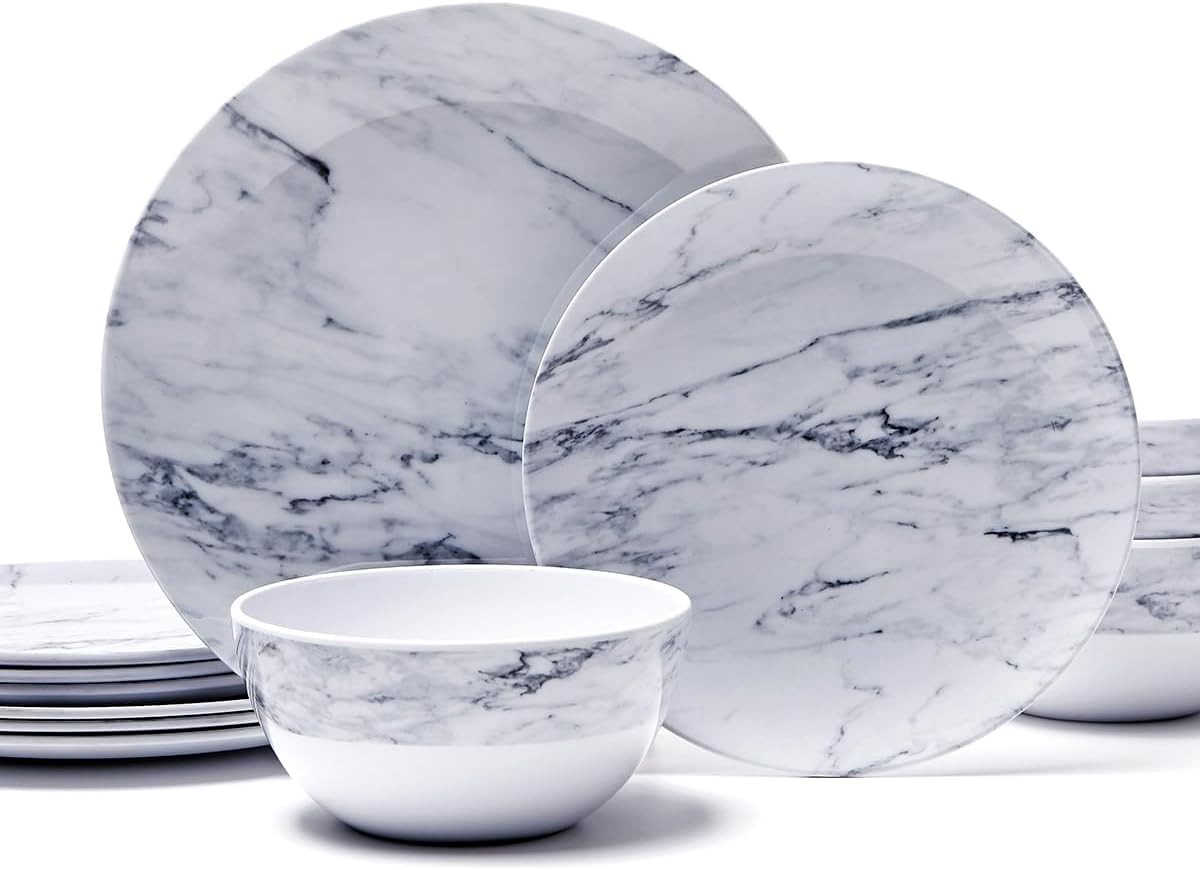TP 12-Piece Dinnerware Set, Melamine Dishes Set with Bowls and Plates, Non-breakable and Lightweight Dinner Service for 4, Marble Pattern