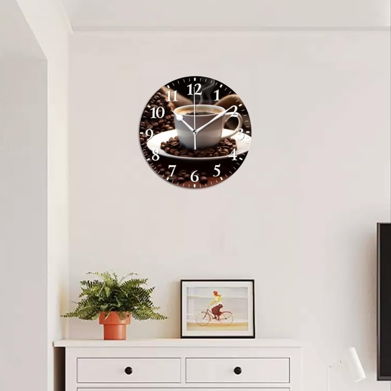 Coffee Wall Clock Non-Ticking Silent Clocks Battery Operated Analog Decor Clock for Home-Cup of Steaming Coffee Surrounded by Scattered Coffee Beans(10inch)