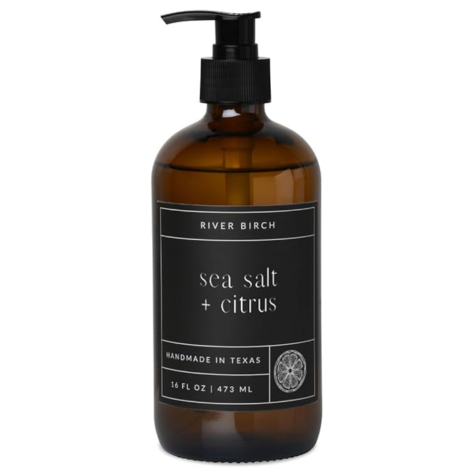 River Birch Sea Salt + Citrus Scented Natural Hand Soap - Handmade Soap - Moisturizing Hand Wash with Amber Glass Dispenser - Luxury Scented and Hydrating - Vegan and Non-Toxic - 16 Fl Oz