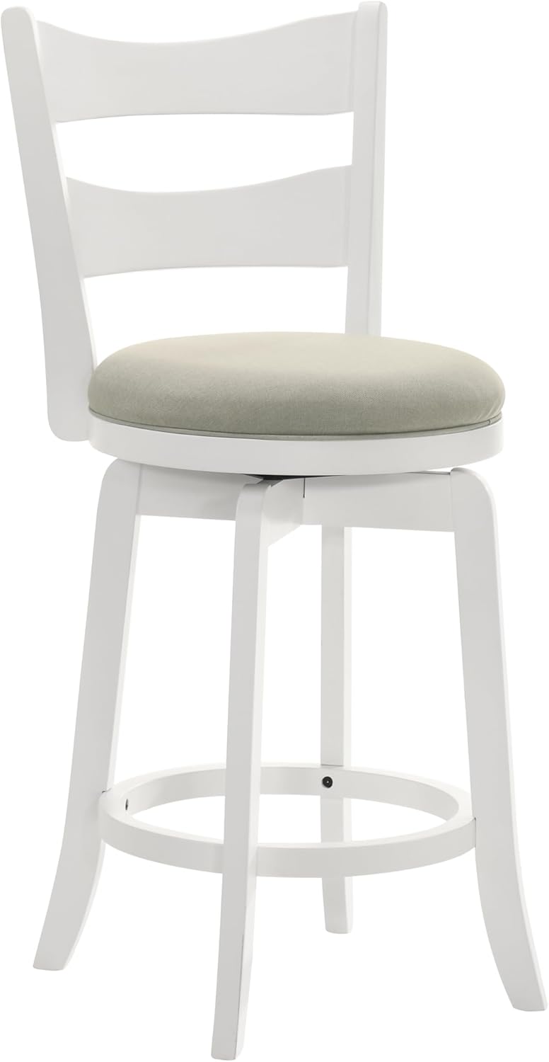 Armen Living Blair 26 in. Matte White Counter Height Rubberwood Swivel Barstool with Fog Fabric Seat