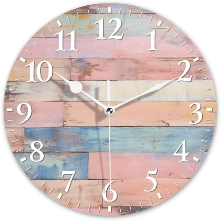Plank Wall Clock Non-Ticking Silent Clocks Battery Operated Analog Decor Clock for Home-Colorful Pastel Pink Wooden Wall(10inch)