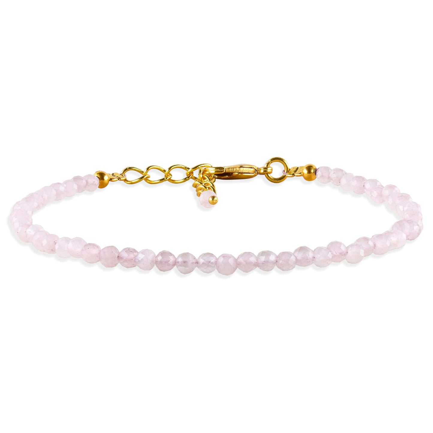 Natural Pink Rose Quartz Gemstone Micro Beads Dainty Bracelet Jewelry for Women, Birthstone, Chakra Energy Crystals, 14k Gold Plated Chain 8 inch Adjustable