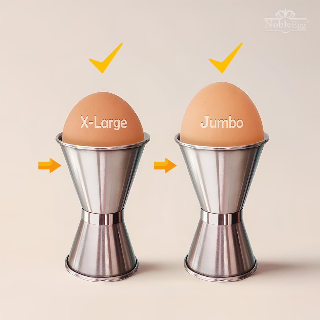 NobleEgg Egg Cups for Soft Boiled Eggs, All Sizes, Topper, Spoons, 18/8 Stainless Steel, Set for 2