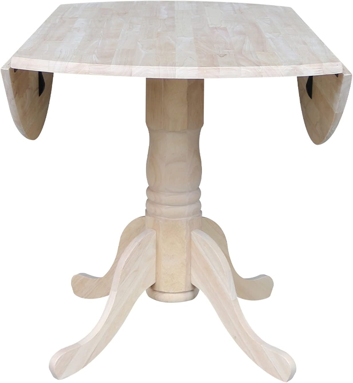 IC International Concepts, Round Dual Drop Leaf Pedestal Dining Table, Solid Real Wood, Sturdy Parawood, Dimensions 42"D x 42"W x 29.5"H, 40lbs Capacity, Paint/Stain Ready, Unfinished