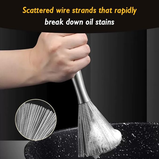 Stainless Steel Dish Brush with Handle, Metal Steel Wool Scrubber for Cast lron, Cookware, Pot, Pan, Grill（1PCS