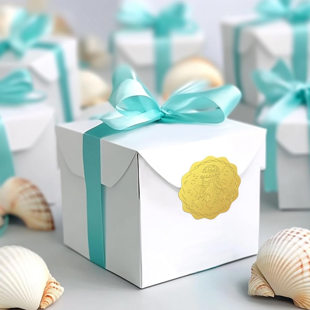 Peacoblue Gold Foil Sticker Seal Embossed 2 Inch 100Pcs Jellyfish, Self Adhesive Gold Around Embossing Sticker for Invitation Certificate Envelope Seal Gift Card Decoration