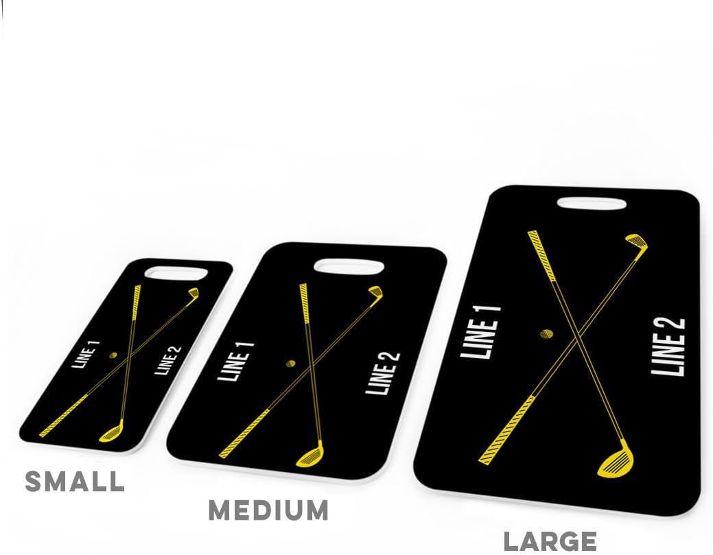 ChalkTalkSPORTS Golf Luggage & Bag Tag | Personalized Crossed Golf Clubs | Standard Lines on Back | Medium | Black/Yellow