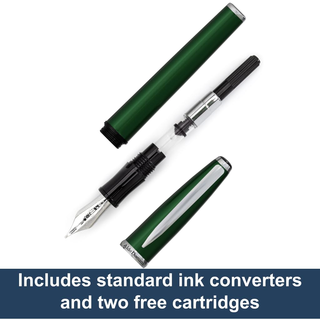Monteverde USA Aldo Domani 3+2 Piece Set Green | Fountain, Rollerball, Ball Pen |Medium Nib | Large Luxury Gift Box with Free Gel Refill & Ink Bottle