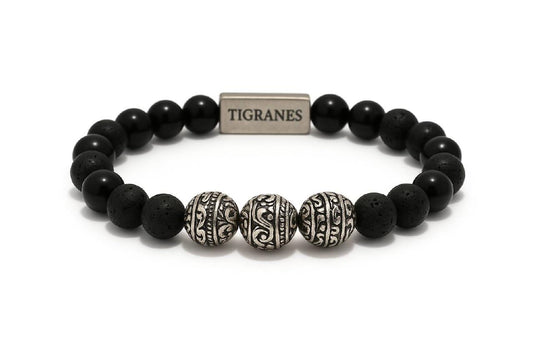 Onyx & Lava Stone Bracelet – Premium Handmade Natural Stone Jewelry with Stainless Steel Logo Plate (Onyx & Lava)