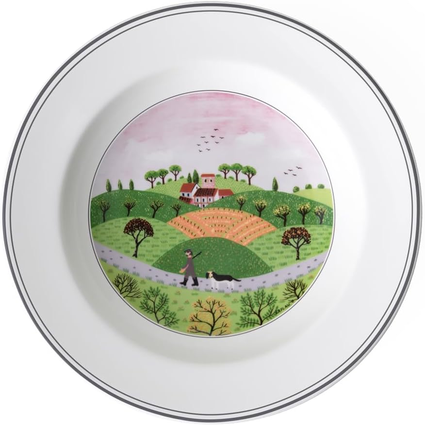 Villeroy & Boch Design Naif Rim Soup #6-Hunter & Dog, 9 in, Premium Porcelain, White/Colorful