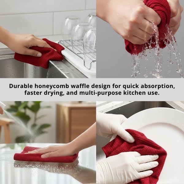 PurpleEssences Dish Cloths and Dish Rags - 6 Pack Waffle Weave Solid Kitchen Dish Wash Cloths, 100% Cotton, 12 x 12 Inches, Ultra Soft Absorbent Quick Drying - Christmas Holiday Winter - Red