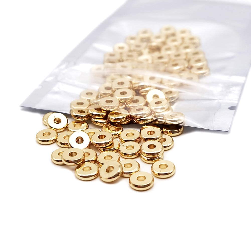 INSPIRELLE 100pcs Heishi Beads 6mm Long-Lasting Disc Brass Rondelle Spacer Beads Pale Gold Plated Flat Round Shape Jewelry Metal Spacers for Bracelet Necklace Jewelry Making