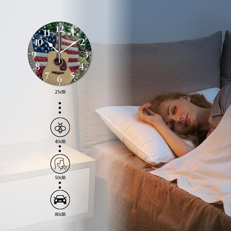 Guitar Wall Clock Non-Ticking Silent Clocks Battery Operated Analog Decor Clock for Home-Guitars Sitting On Fence with American Flag(16inch)