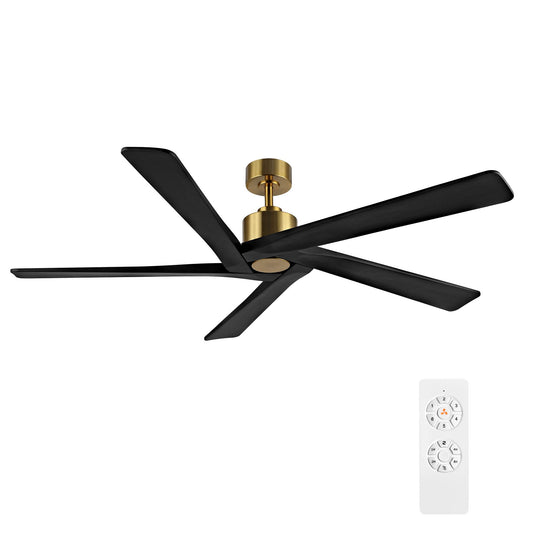 WINGBO 64 Inch DC Ceiling Fan without Lights, 5 Reversible Carved Solid Wood Blades, 6-Speed Noiseless DC Motor, Ceiling Fan No Light with Remote, Brass Finish with Black Blades, ETL Listed