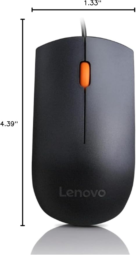 Lenovo 300 USB Wired Computer Full Size Optical Ambidextrous Mouse with 1600 DPI, Reliable USB-A Wired Connection, Easy 3-Button Navigation – Long Lasting, Durable Basic Mouse, Black