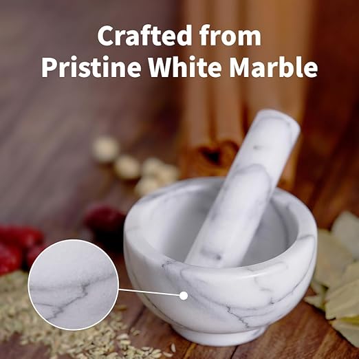Marble Mortar and Pestle Set, 150ml, Spice Grinder, Herb Ginder, Unpolished Marble Spice Crusher, Kitchen Utensil (4.5" X 2.5")