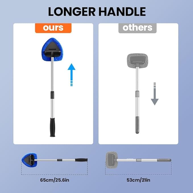 Car Windshield Cleaning Tool Set, Interior Exterior Auto Glass Cleaner Kit with Extendable Handle and 4 Reusable Microfiber Pads for Cars Trucks and Home (Blue)