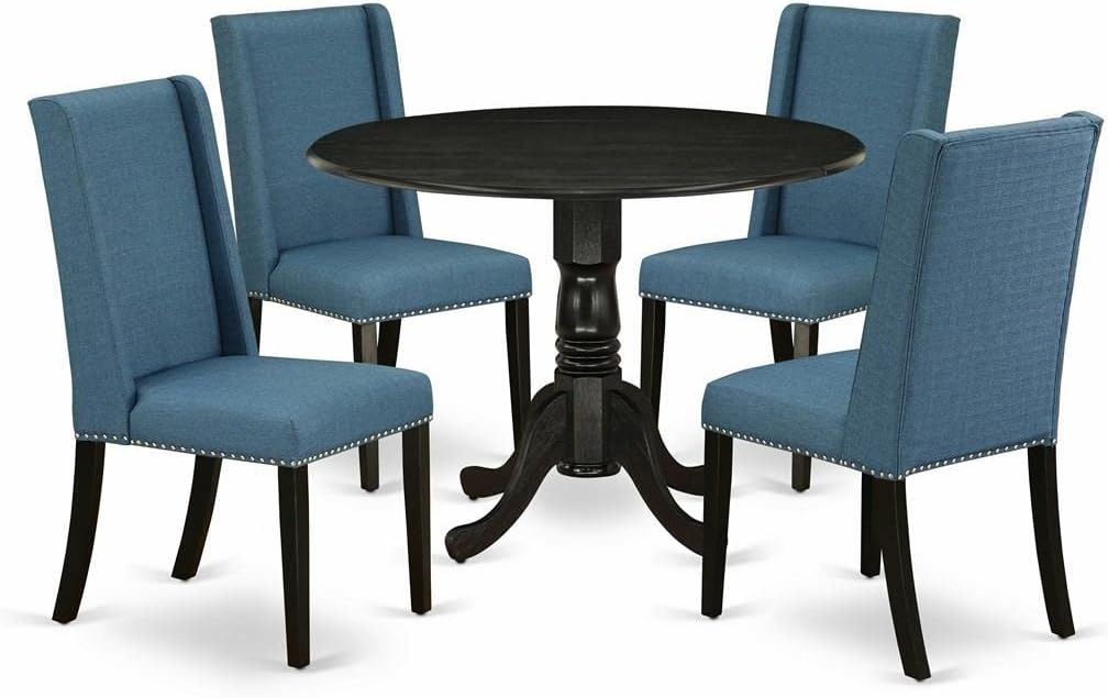 East West Furniture DLFL5-ABK-21 5 Piece Dining Room Table Set Includes a Round Dining Table with Dropleaf and 4 Blue Linen Fabric Upholstered Parson Chairs, 42x42 Inch, Wirebrushed Black