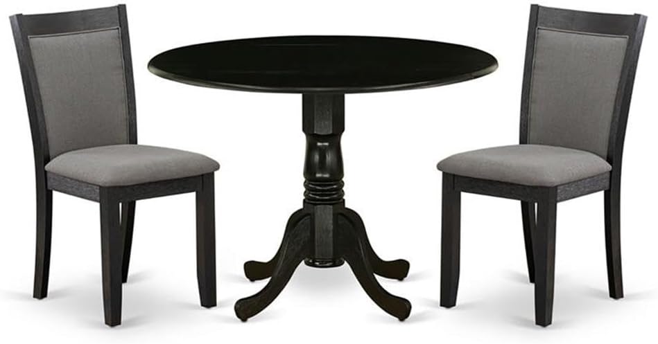 East West Furniture DLMZ3-AB6-50 3 Piece Dining Table Set Contains a Round Dining Room Table with Dropleaf and 2 Dark Gotham Grey Linen Fabric Upholstered Chairs, 42x42 Inch, Wirebrushed Black