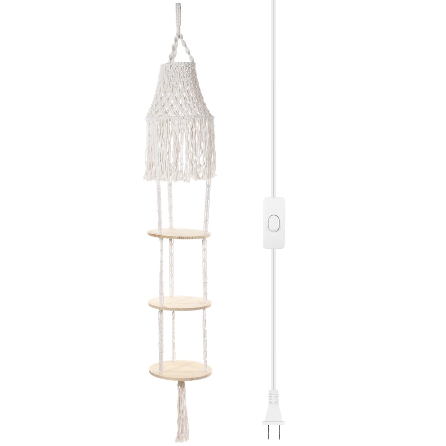 3-Tier Macrame Lampshade & Plant Hanger, Bohemian Hanging Lamp Plant Shelf, Plug-in Pendant Light Hanging Rope Shelf, Floating Round Flower Pot Holder, Bohemian Home Decor (Not Included Lamp)