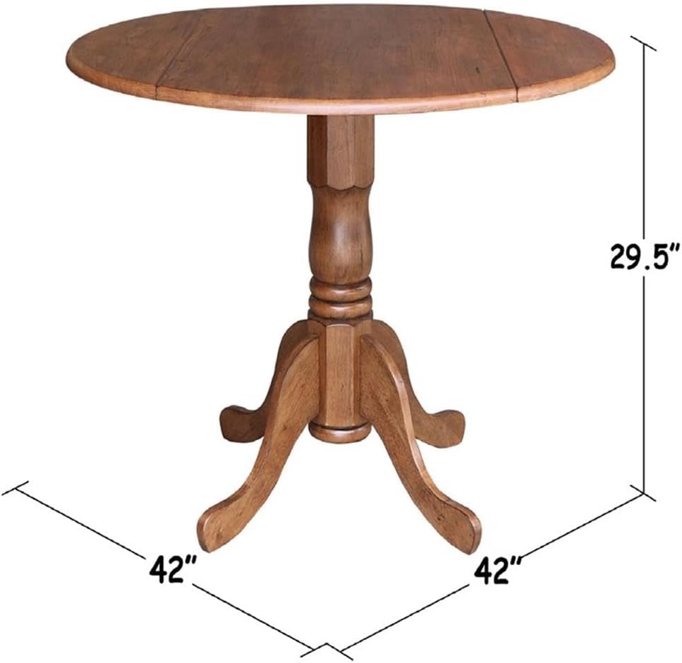 IC International Concepts 42-Inch Round Dual Drop Leaf Pedestal Dining Table, Elegant Space-Saving Furniture for Home and Office - Distressed Oak Finish