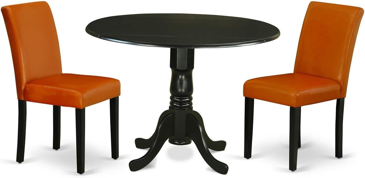 East West Furniture DLAB3-BLK-61 3 Piece Kitchen Table & Chairs Set Contains a Round Dining Room Table with Dropleaf and 2 Baked Bean Faux Leather Upholstered Chairs, 42x42 Inch, Black