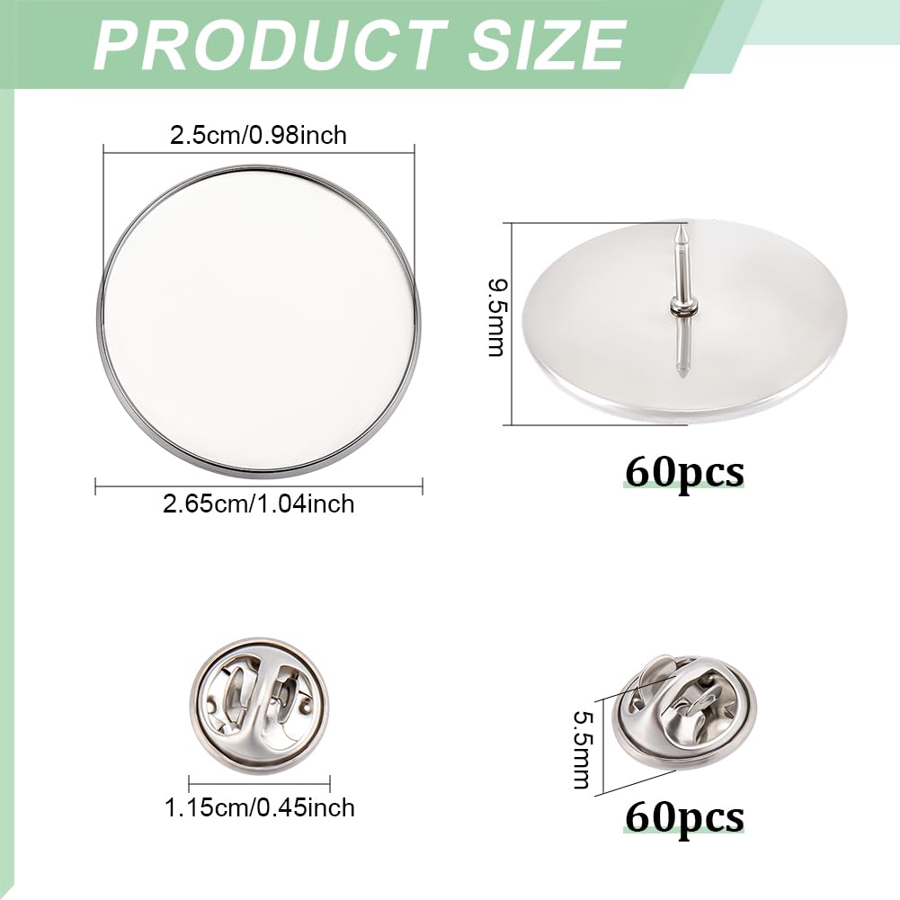 FINGERINSPIRE 60Sets Stainless Steel Color Brooch Base Butterfly Pin Backs DIY Blank Brooch Making Kit 304 Stainless Steel Material 25mm in Diameter Flat Round Tray for Craft Jewelry Projects