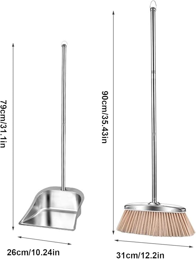 Stainless Steel Broom and Dustpan Set, Long Handle Floor Cleaning Tool & Home Cleaning Equipment, Heavy Duty Sweep Accessory for Living Room Bedroom Study Apartment Garage Bathroom Restaurant Office