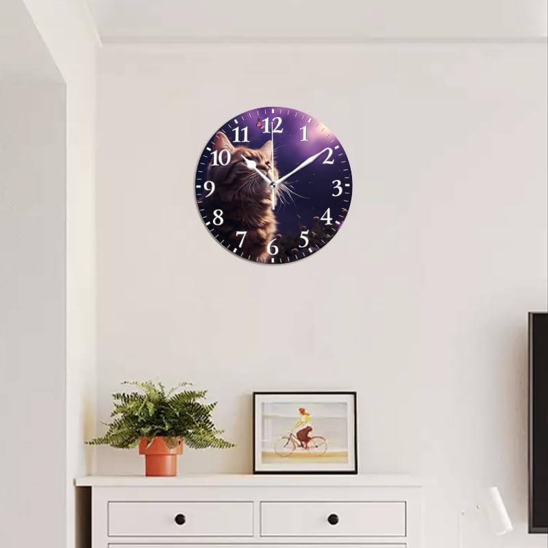 Cat Wall Clock Non-Ticking Silent Clocks Battery Operated Analog Decor Clock for Home-Cute Cat Gazing at Butterflies in The Sky(14inch)