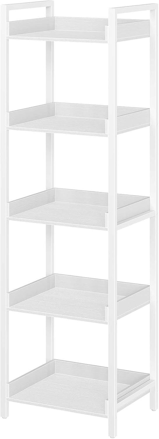 Rolanstar Bookshelf, 5-Tier Storage Rack, Narrow Corner Bookshelf, Display Wooden Shelves for Living Room, Bathroom, Balcony, Kitchen,White