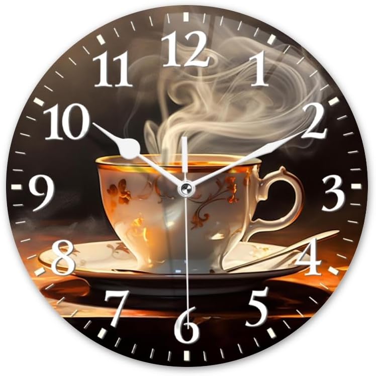 Coffee Wall Clock Non-Ticking Silent Clocks Battery Operated Analog Decor Clock for Home-Steaming Cup of Coffee On The Table(14inch)