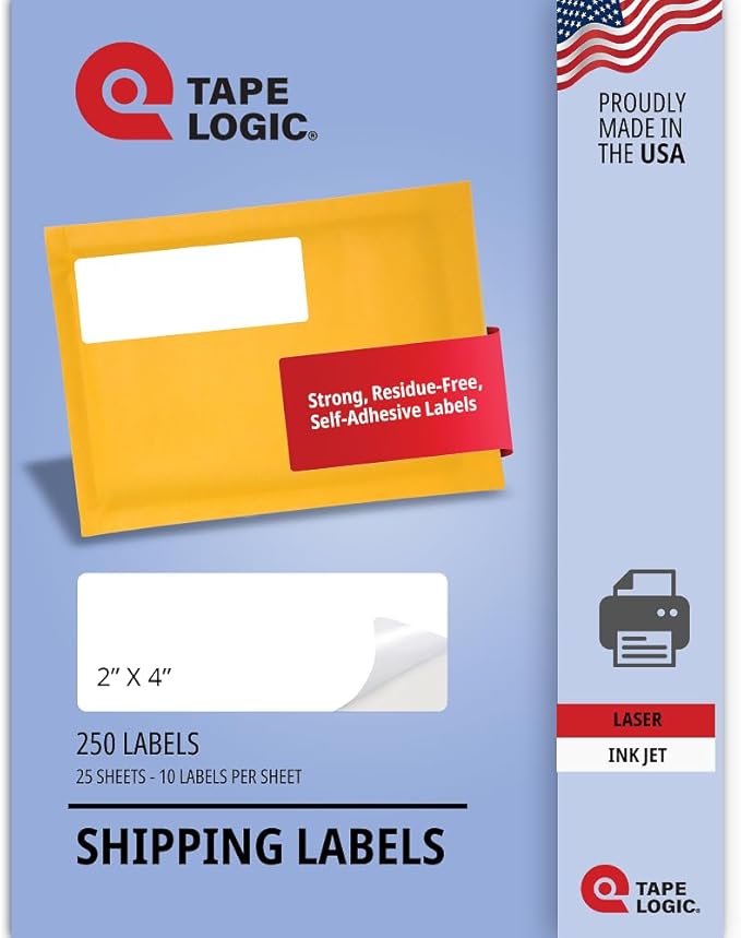 TAPE LOGIC Printable Self-Adhesive 2" x 4” White Laser Labels (25 Sheets of 10) | 250 All Purpose Blank Sticker Label, Office & Personal Supplies for Address Shipping & Mailing