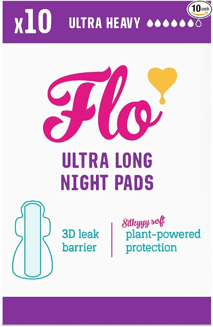 Flo - Ultra Long Night Menstrual Pads (10 Pack) - Ultra Heavy Flow - 3D Leak Barrier - Natural, Absorbent, Soft, & Breathable - Bamboo Period Pads for Women - Plant Based - Vegan & Cruelty Free