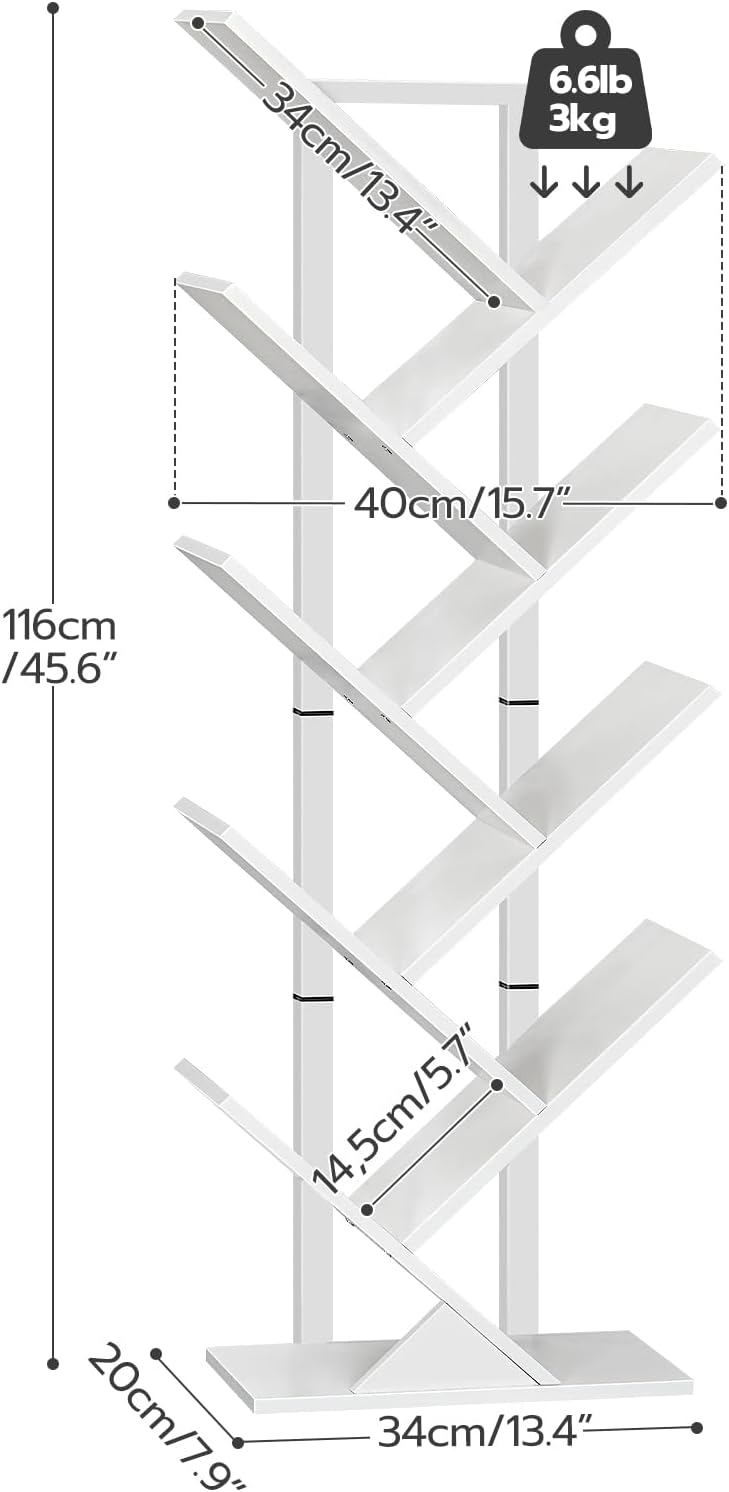 HOOBRO Tree Bookshelf, 9-Tier Bookcase Wooden Shelves, Floor Standing Storage Rack, for Display of CDs, Books in Living Room, Home Office, Wood Storage Rack for Bedroom, White WT08SJ01G1